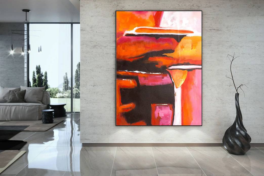 Red Hand-painted Handmade Hallway Orange White Abstract Canvas Artwork 3HO2P